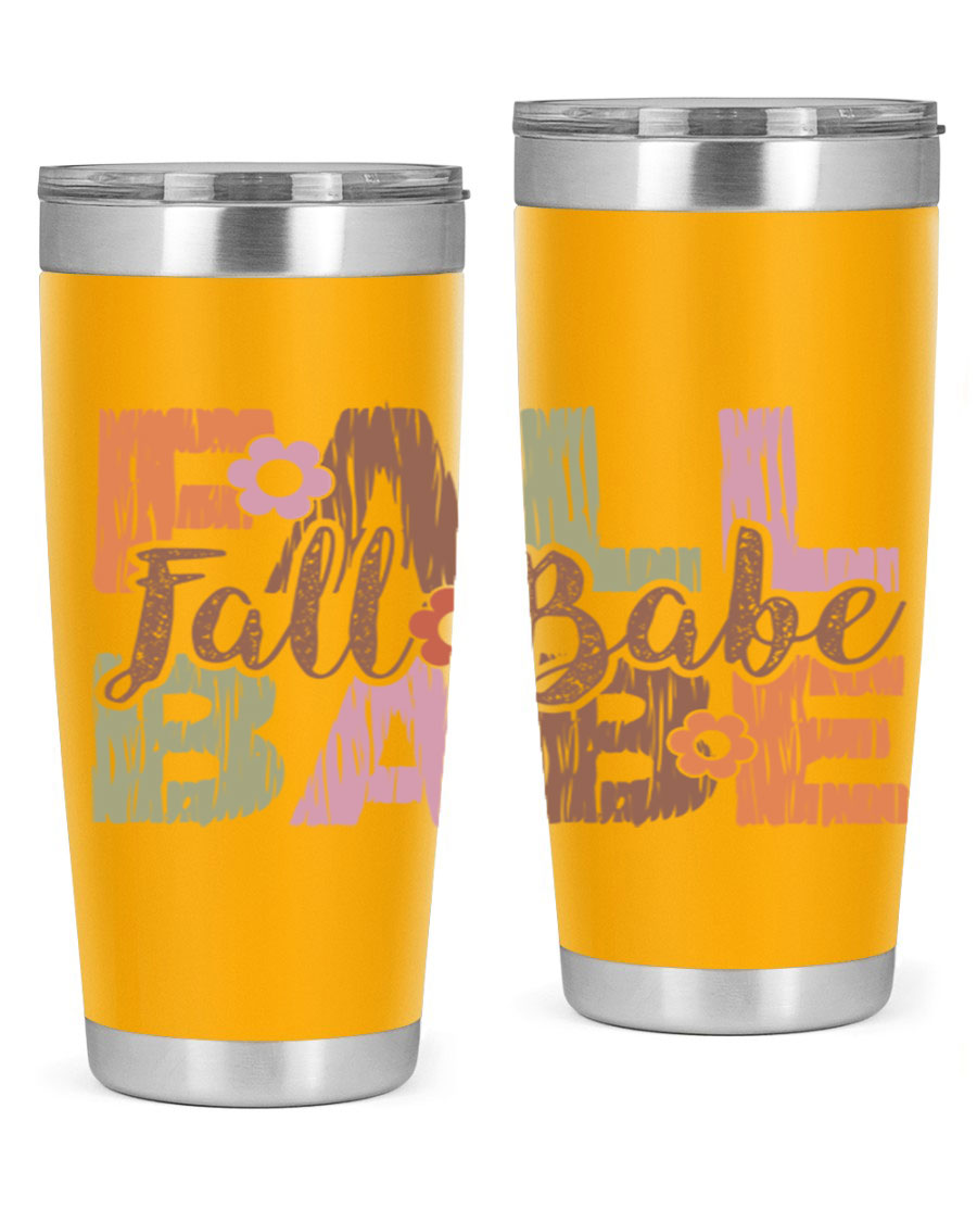 Fall Babe 88# Tumbler in stainless steel with autumn-themed design, showcasing its double wall vacuum insulation and drink-thru lid.