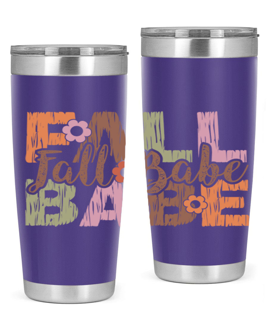 Fall Babe 88# Tumbler in stainless steel with autumn-themed design, showcasing its double wall vacuum insulation and drink-thru lid.