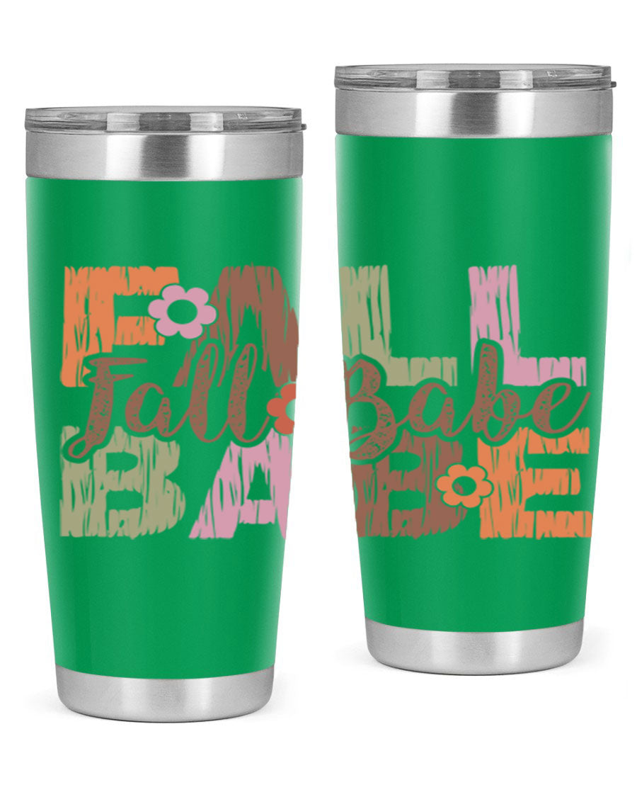 Fall Babe 88# Tumbler in stainless steel with autumn-themed design, showcasing its double wall vacuum insulation and drink-thru lid.