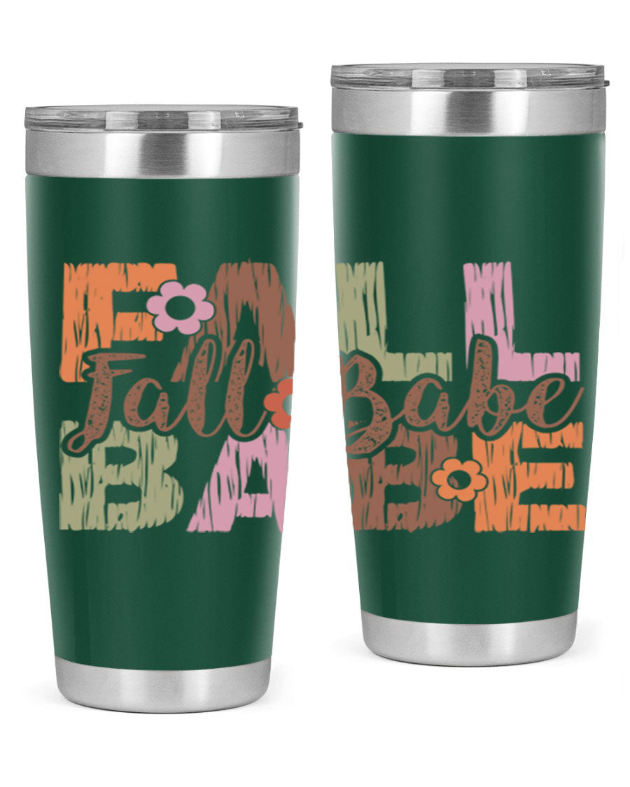 Fall Babe 88# Tumbler in stainless steel with autumn-themed design, showcasing its double wall vacuum insulation and drink-thru lid.