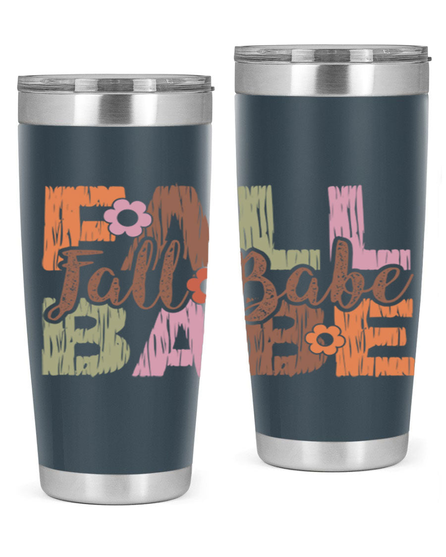 Fall Babe 88# Tumbler in stainless steel with autumn-themed design, showcasing its double wall vacuum insulation and drink-thru lid.