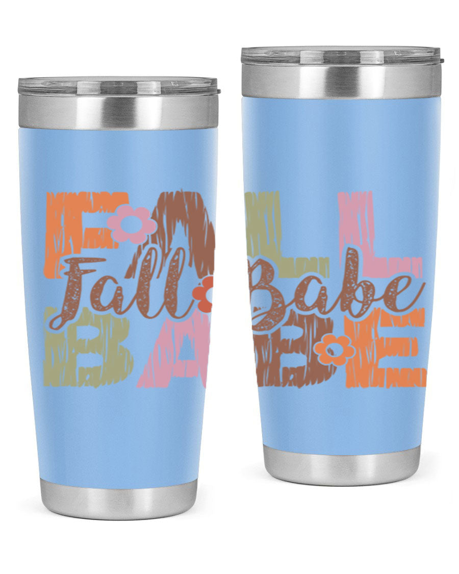 Fall Babe 88# Tumbler in stainless steel with autumn-themed design, showcasing its double wall vacuum insulation and drink-thru lid.