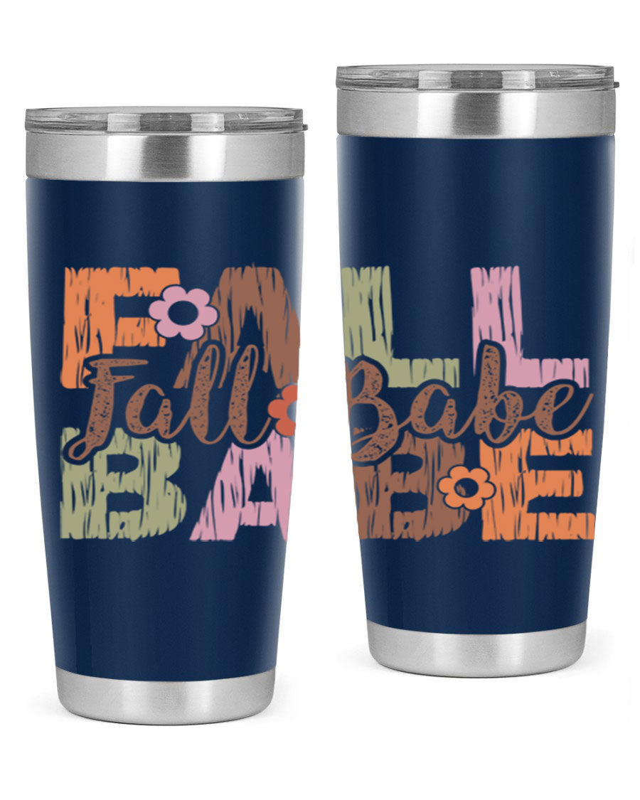 Fall Babe 88# Tumbler in stainless steel with autumn-themed design, showcasing its double wall vacuum insulation and drink-thru lid.