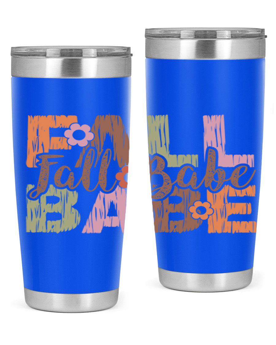Fall Babe 88# Tumbler in stainless steel with autumn-themed design, showcasing its double wall vacuum insulation and drink-thru lid.