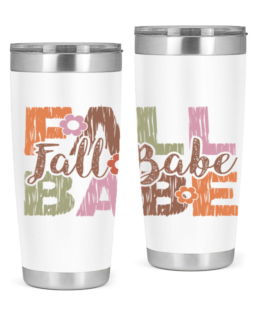 Fall Babe 88# Tumbler in stainless steel with autumn-themed design, showcasing its double wall vacuum insulation and drink-thru lid.