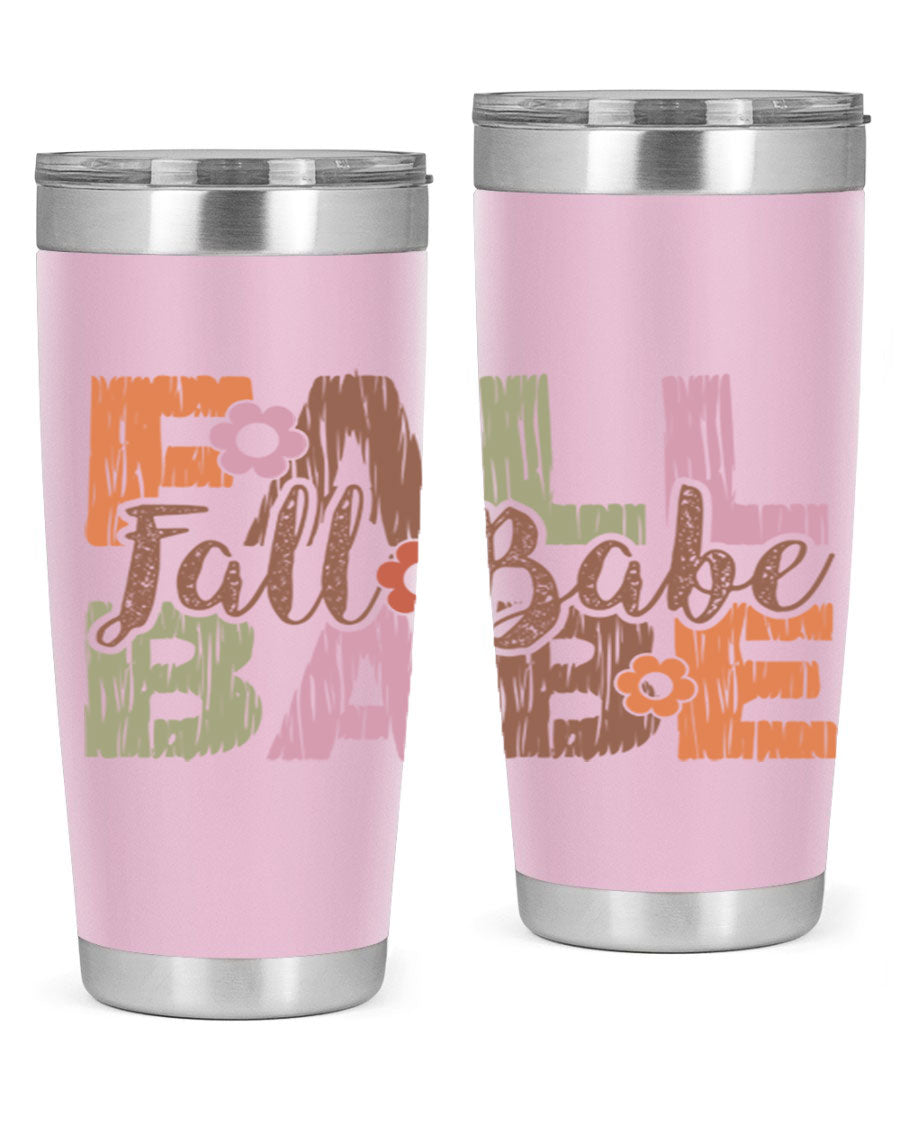 Fall Babe 88# Tumbler in stainless steel with autumn-themed design, showcasing its double wall vacuum insulation and drink-thru lid.