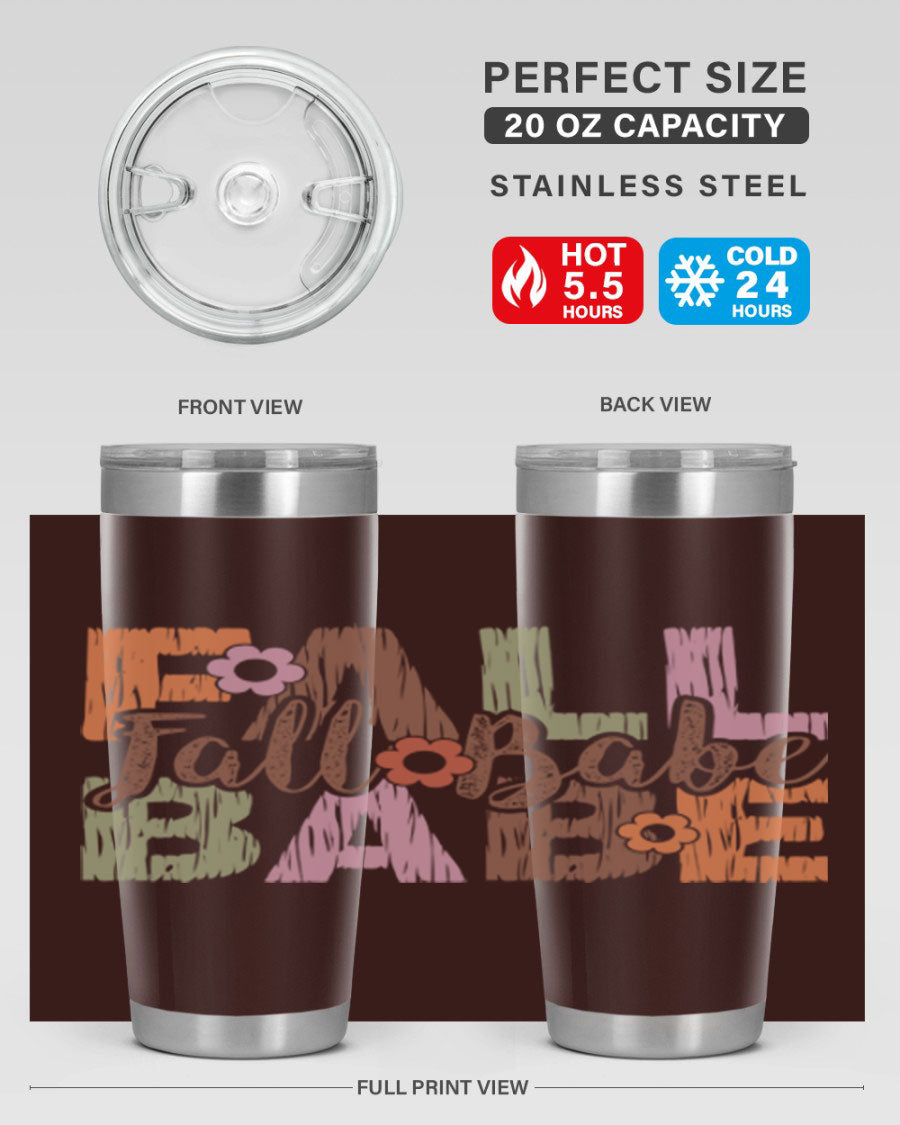 Fall Babe 88# Tumbler in stainless steel with autumn-themed design, showcasing its double wall vacuum insulation and drink-thru lid.