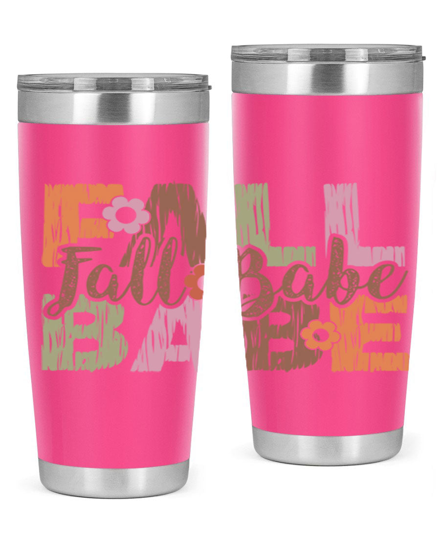 Fall Babe 88# Tumbler in stainless steel with autumn-themed design, showcasing its double wall vacuum insulation and drink-thru lid.