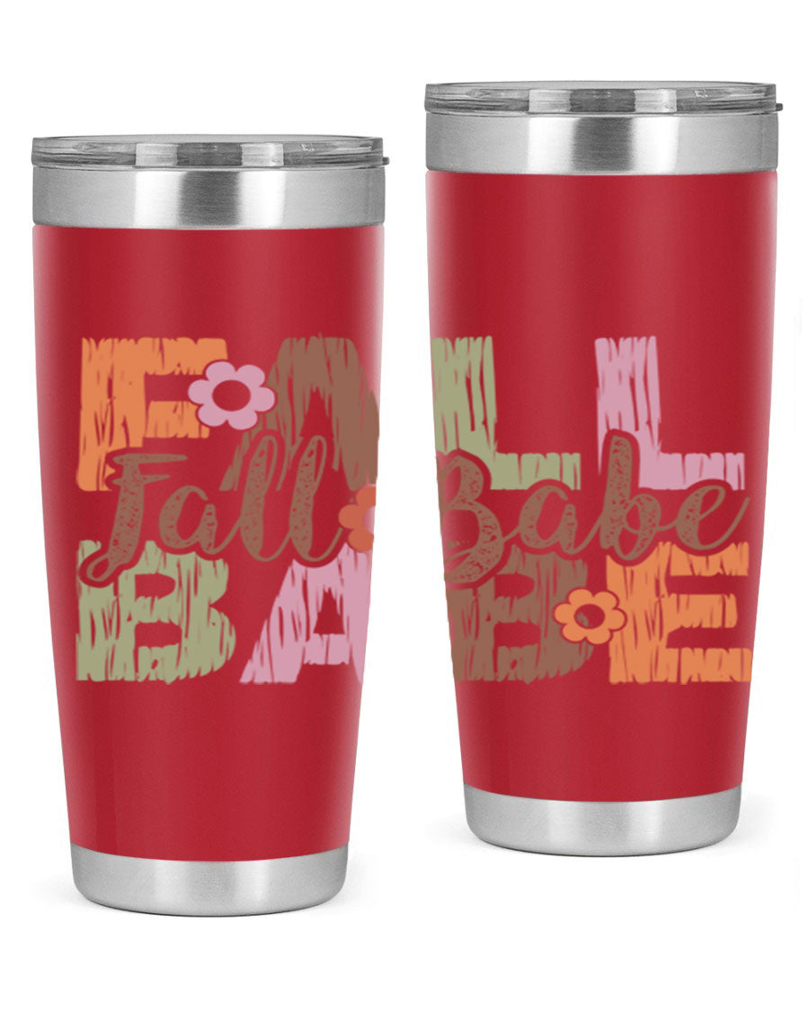 Fall Babe 88# Tumbler in stainless steel with autumn-themed design, showcasing its double wall vacuum insulation and drink-thru lid.