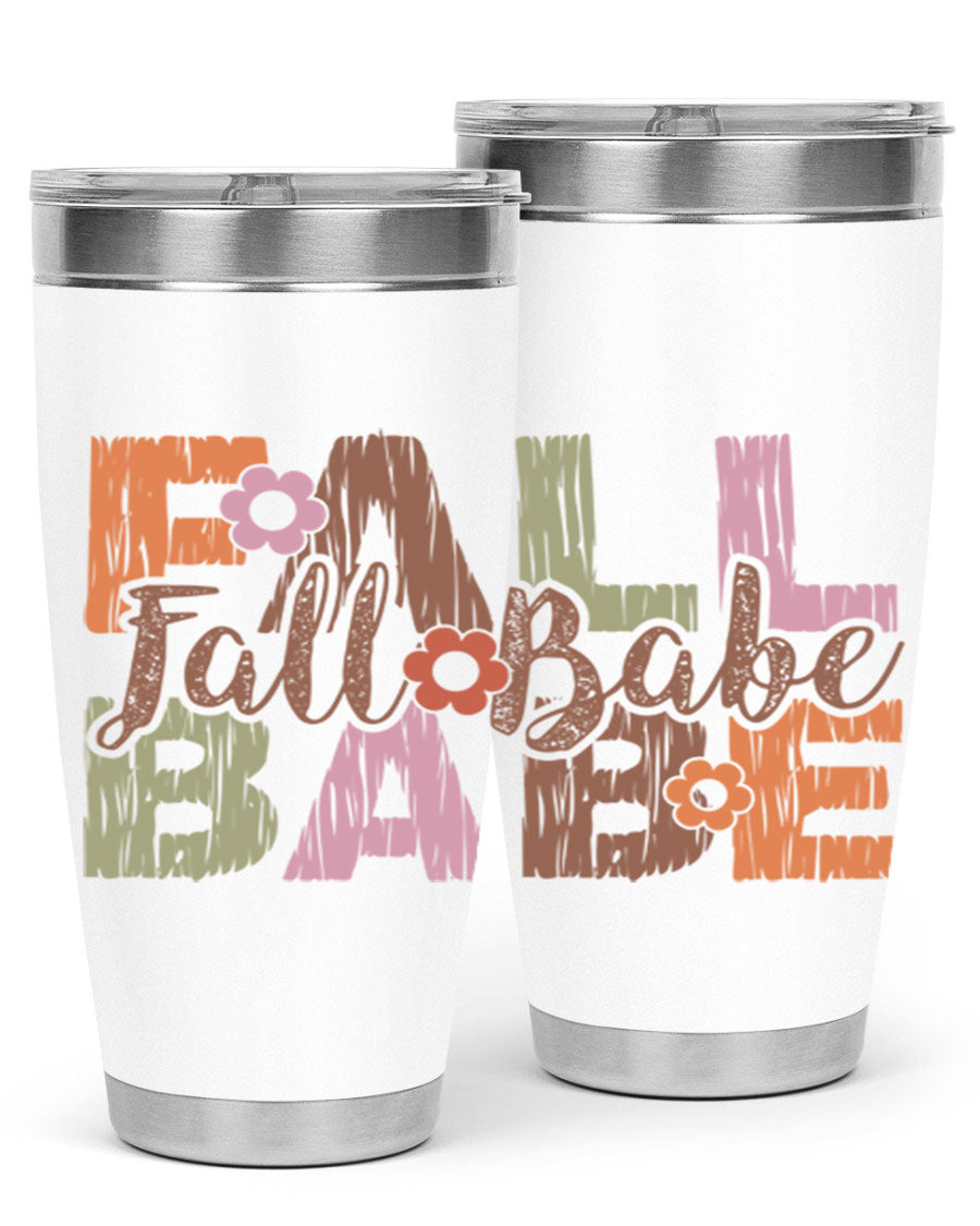 Fall Babe 88# Tumbler in stainless steel with autumn-themed design, showcasing its double wall vacuum insulation and drink-thru lid.