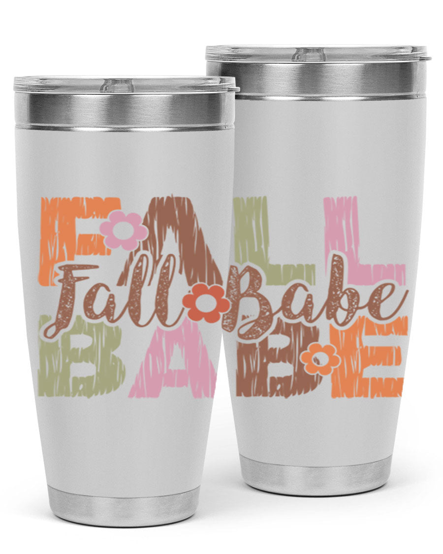 Fall Babe 88# Tumbler in stainless steel with autumn-themed design, showcasing its double wall vacuum insulation and drink-thru lid.