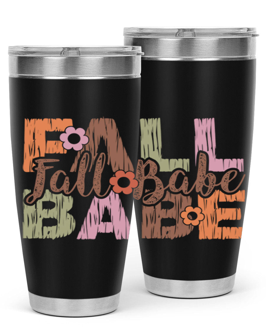 Fall Babe 88# Tumbler in stainless steel with autumn-themed design, showcasing its double wall vacuum insulation and drink-thru lid.