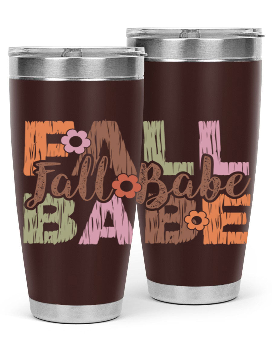 Fall Babe 88# Tumbler in stainless steel with autumn-themed design, showcasing its double wall vacuum insulation and drink-thru lid.