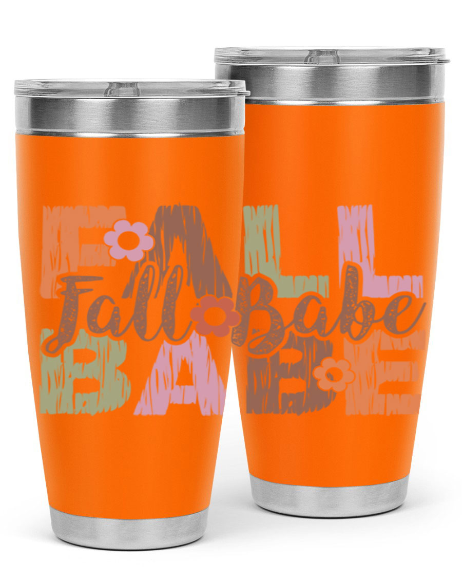 Fall Babe 88# Tumbler in stainless steel with autumn-themed design, showcasing its double wall vacuum insulation and drink-thru lid.
