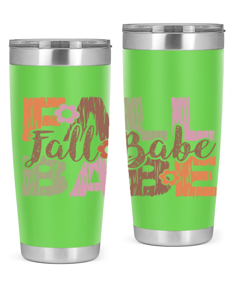 Fall Babe 88# Tumbler in stainless steel with autumn-themed design, showcasing its double wall vacuum insulation and drink-thru lid.