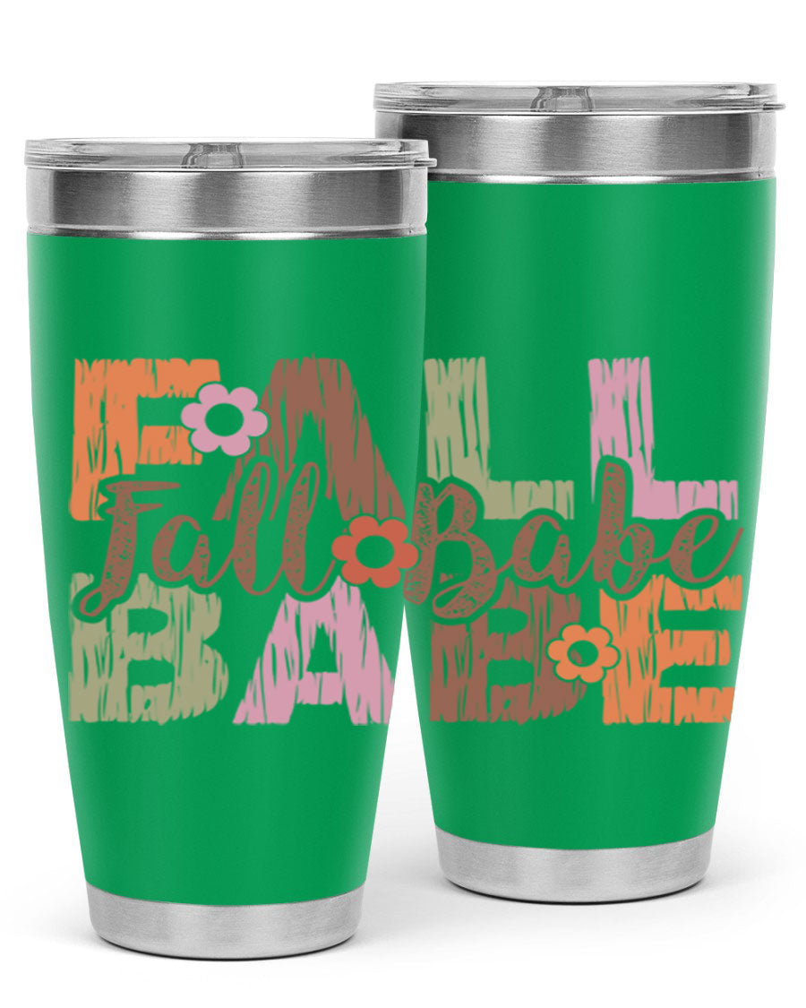 Fall Babe 88# Tumbler in stainless steel with autumn-themed design, showcasing its double wall vacuum insulation and drink-thru lid.