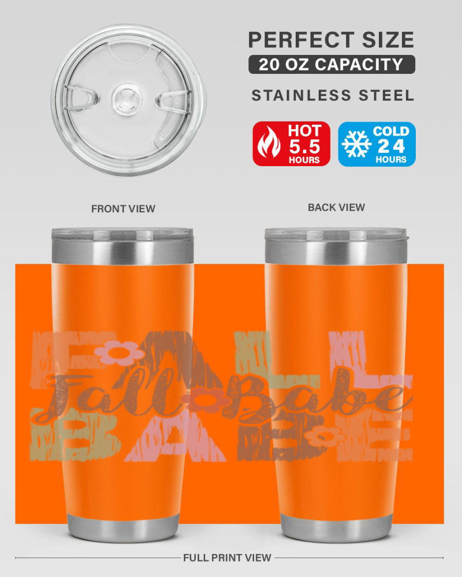 Fall Babe 88# Tumbler in stainless steel with autumn-themed design, showcasing its double wall vacuum insulation and drink-thru lid.
