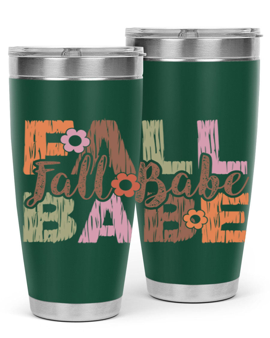 Fall Babe 88# Tumbler in stainless steel with autumn-themed design, showcasing its double wall vacuum insulation and drink-thru lid.