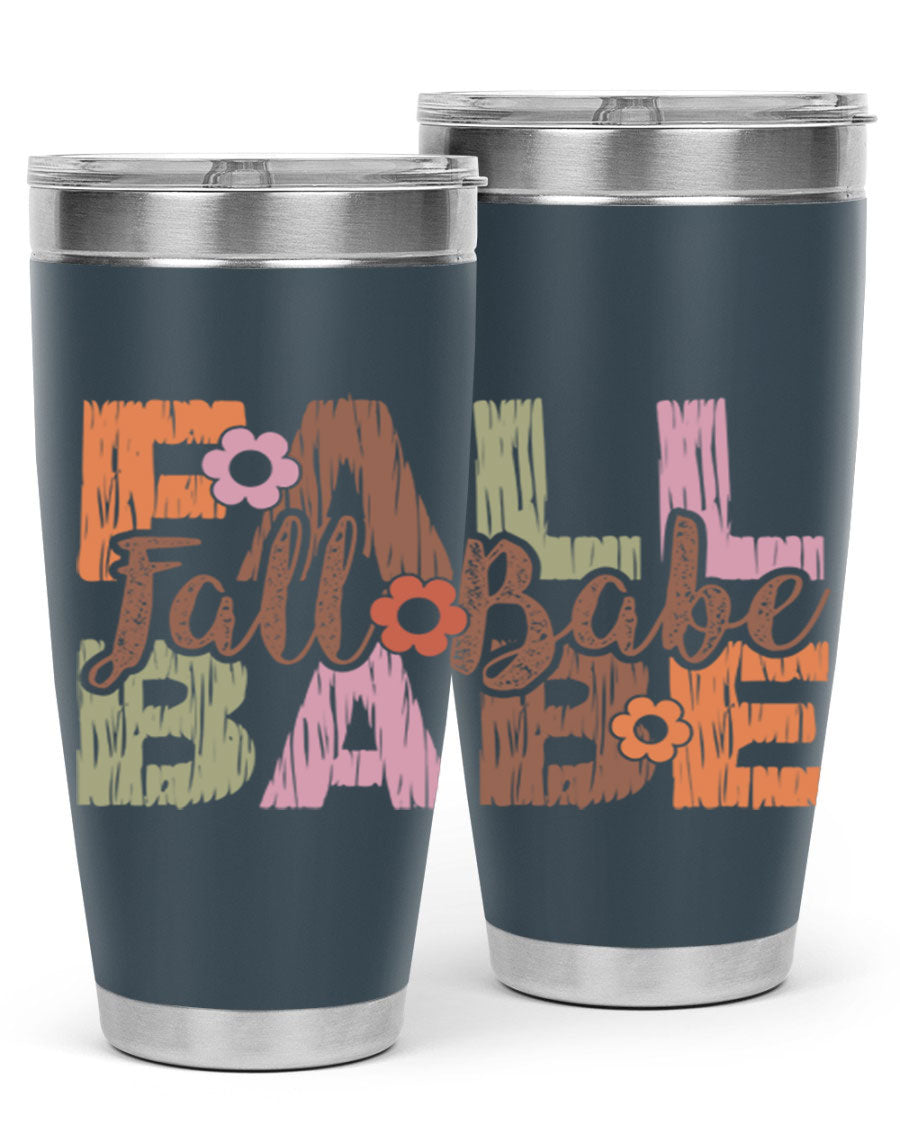 Fall Babe 88# Tumbler in stainless steel with autumn-themed design, showcasing its double wall vacuum insulation and drink-thru lid.