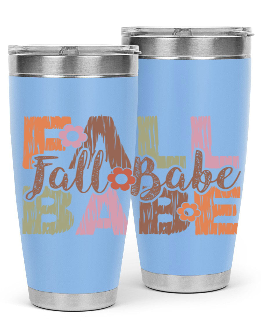 Fall Babe 88# Tumbler in stainless steel with autumn-themed design, showcasing its double wall vacuum insulation and drink-thru lid.