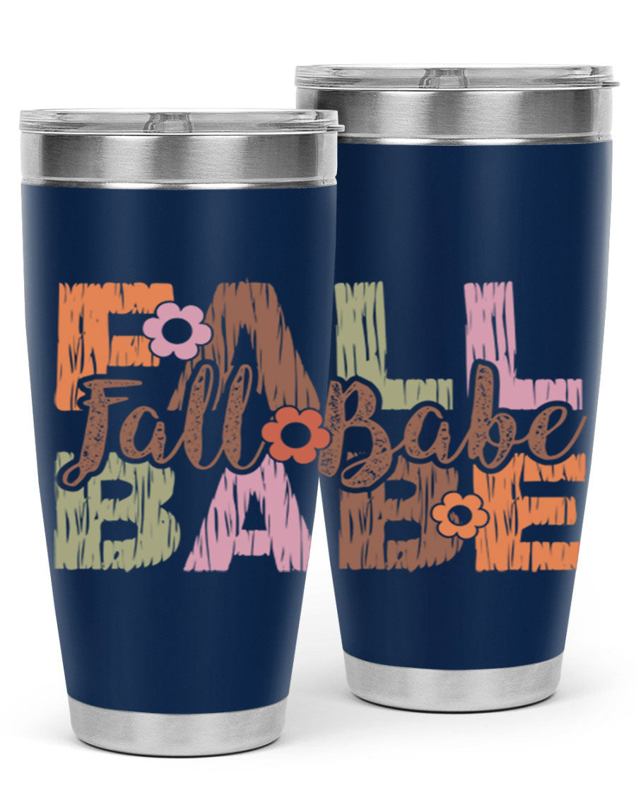 Fall Babe 88# Tumbler in stainless steel with autumn-themed design, showcasing its double wall vacuum insulation and drink-thru lid.