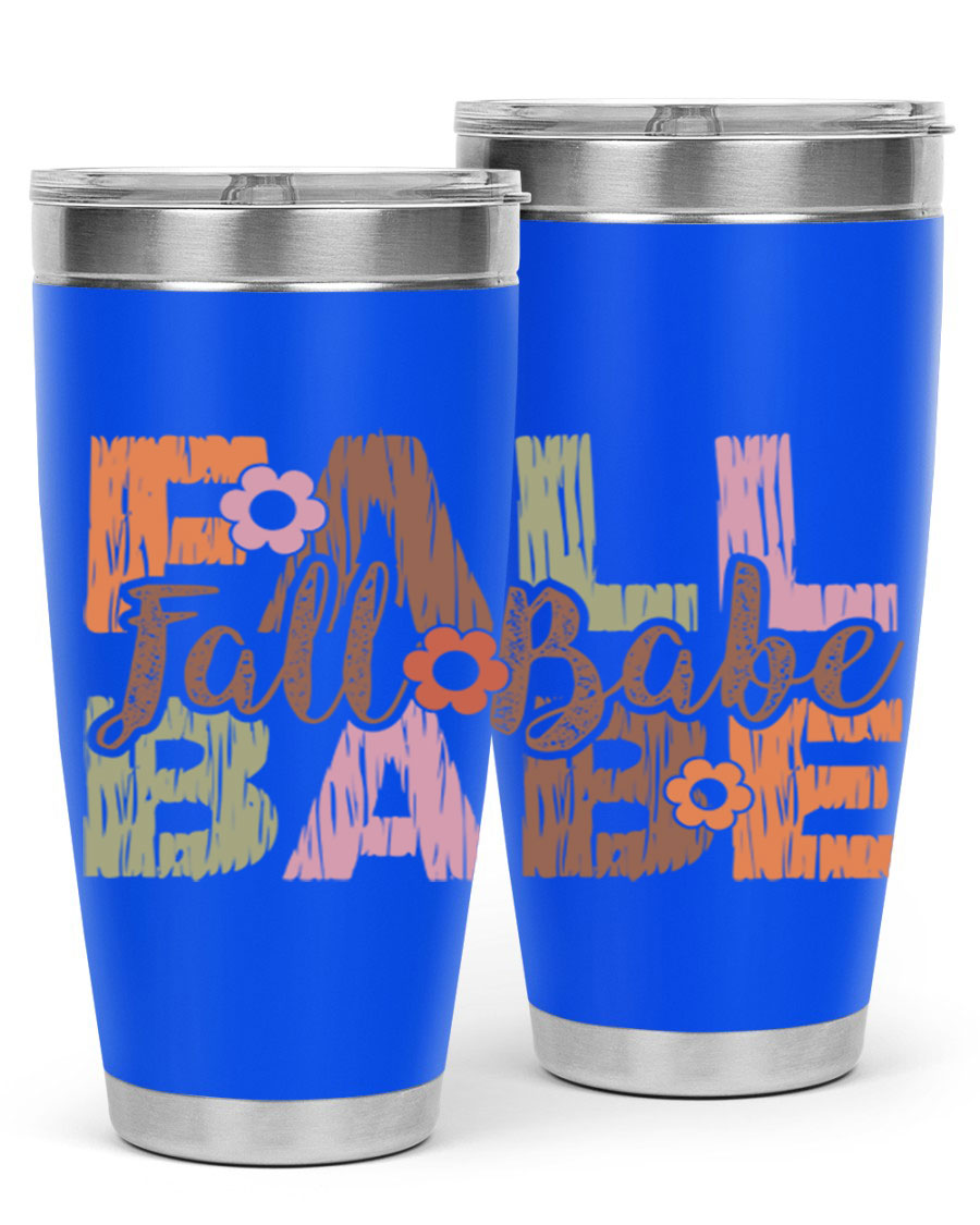 Fall Babe 88# Tumbler in stainless steel with autumn-themed design, showcasing its double wall vacuum insulation and drink-thru lid.