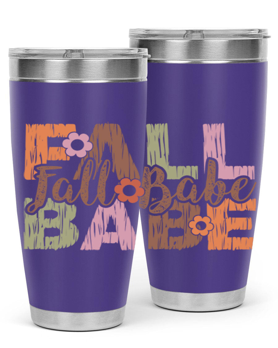 Fall Babe 88# Tumbler in stainless steel with autumn-themed design, showcasing its double wall vacuum insulation and drink-thru lid.