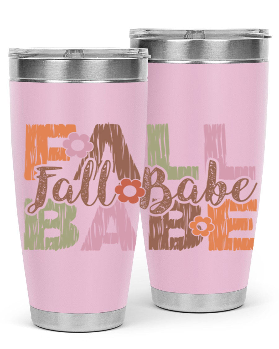 Fall Babe 88# Tumbler in stainless steel with autumn-themed design, showcasing its double wall vacuum insulation and drink-thru lid.