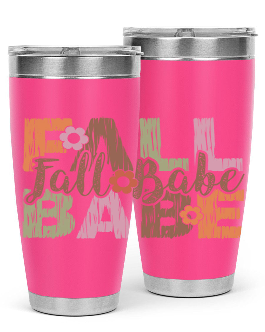 Fall Babe 88# Tumbler in stainless steel with autumn-themed design, showcasing its double wall vacuum insulation and drink-thru lid.
