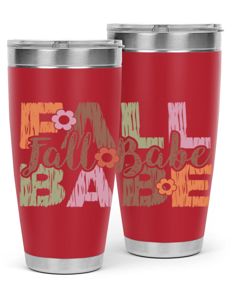 Fall Babe 88# Tumbler in stainless steel with autumn-themed design, showcasing its double wall vacuum insulation and drink-thru lid.
