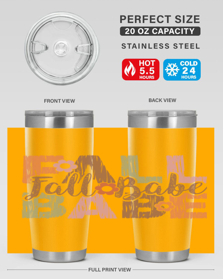 Fall Babe 88# Tumbler in stainless steel with autumn-themed design, showcasing its double wall vacuum insulation and drink-thru lid.
