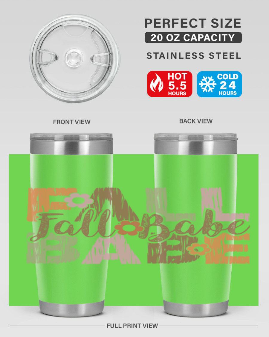 Fall Babe 88# Tumbler in stainless steel with autumn-themed design, showcasing its double wall vacuum insulation and drink-thru lid.
