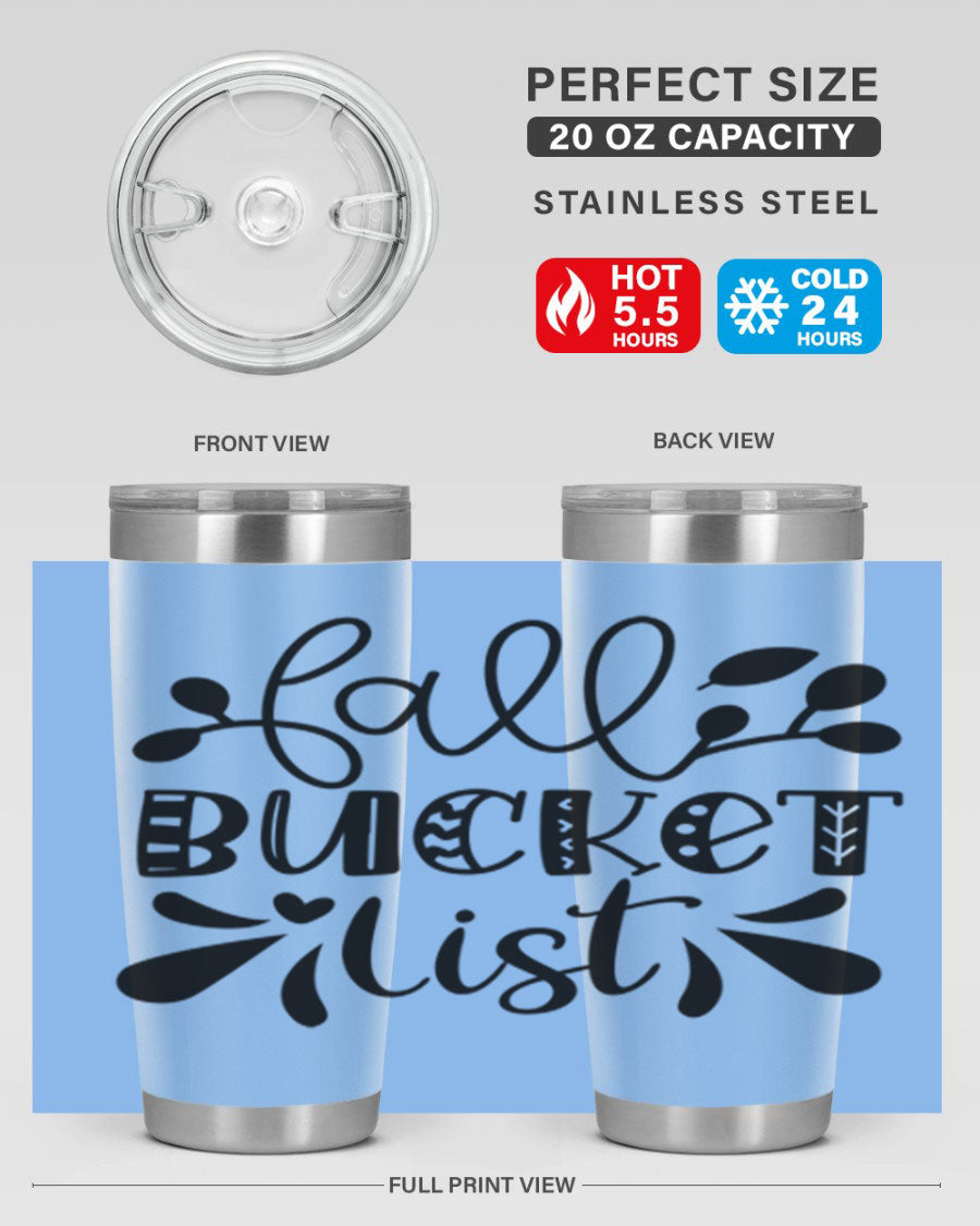 Fall Bucket List 20oz Tumbler made of stainless steel with a copper lining, featuring a drink-thru lid and a stylish autumn-themed design.