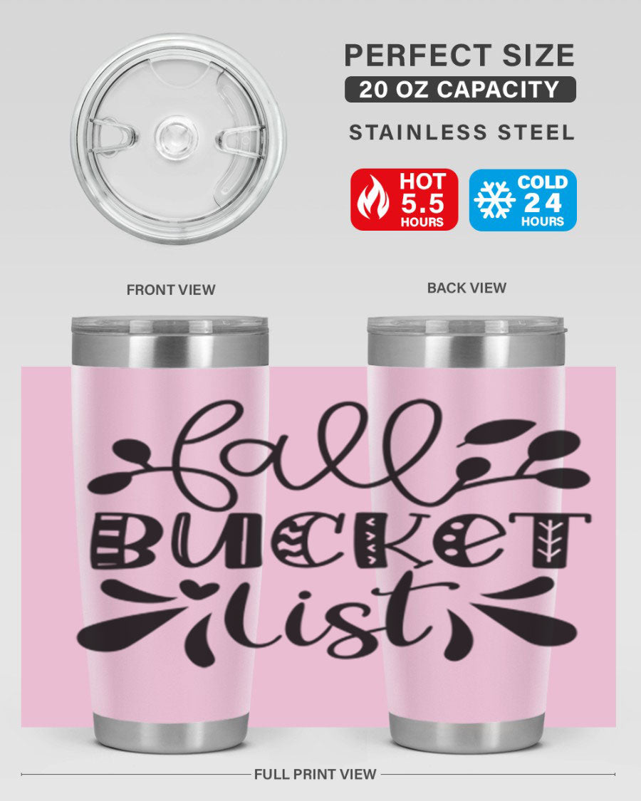 Fall Bucket List 20oz Tumbler made of stainless steel with a copper lining, featuring a drink-thru lid and a stylish autumn-themed design.