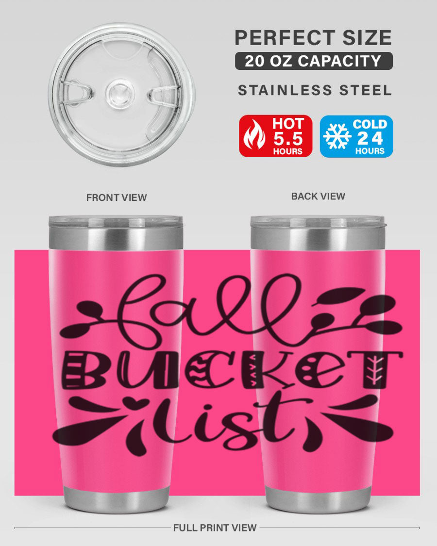 Fall Bucket List 20oz Tumbler made of stainless steel with a copper lining, featuring a drink-thru lid and a stylish autumn-themed design.