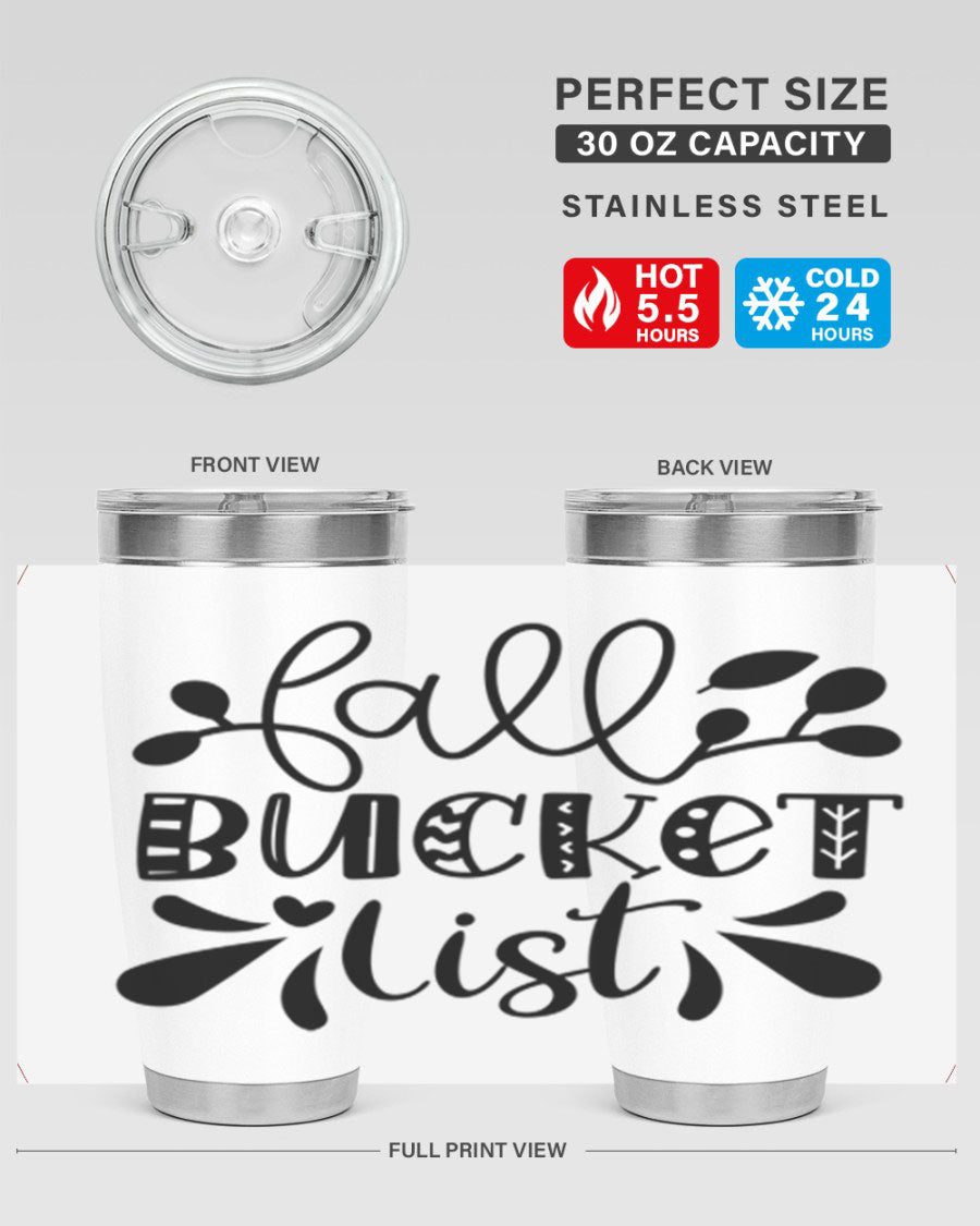 Fall Bucket List 20oz Tumbler made of stainless steel with a copper lining, featuring a drink-thru lid and a stylish autumn-themed design.