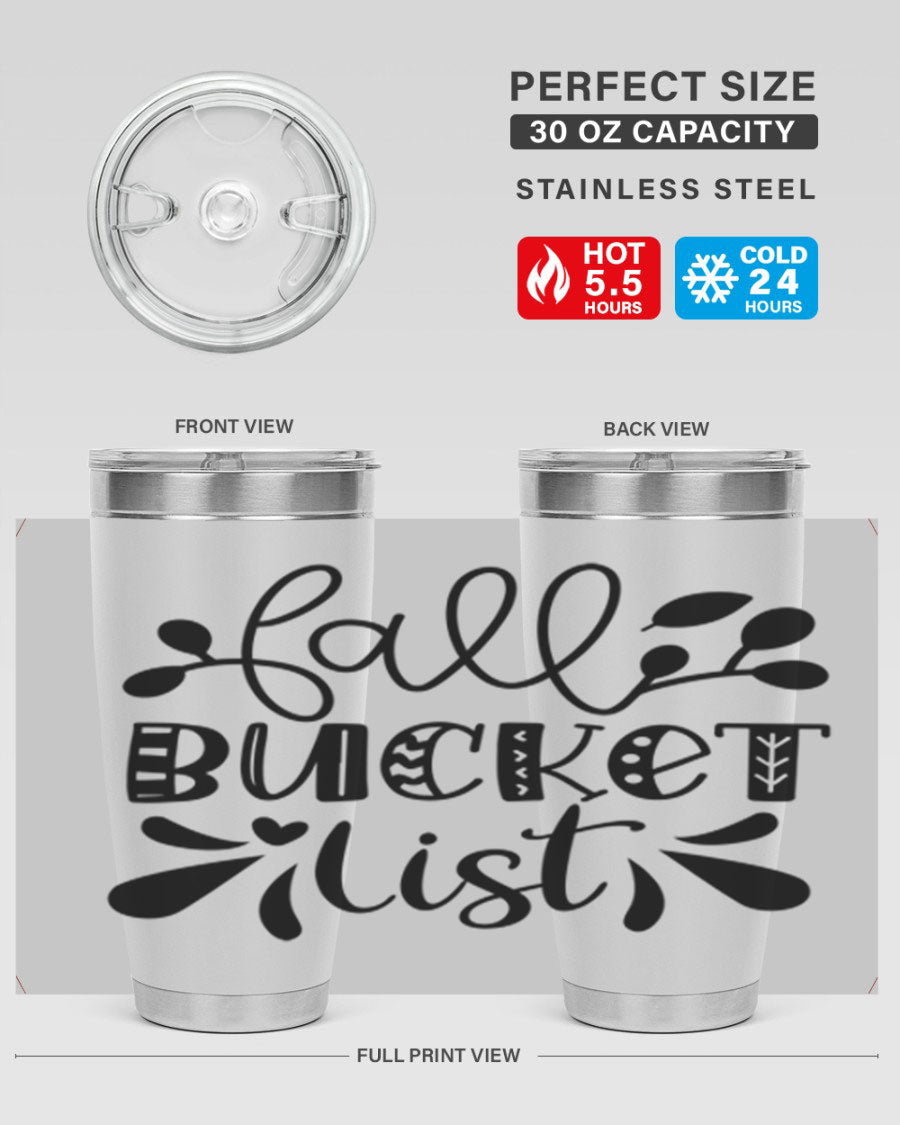 Fall Bucket List 20oz Tumbler made of stainless steel with a copper lining, featuring a drink-thru lid and a stylish autumn-themed design.