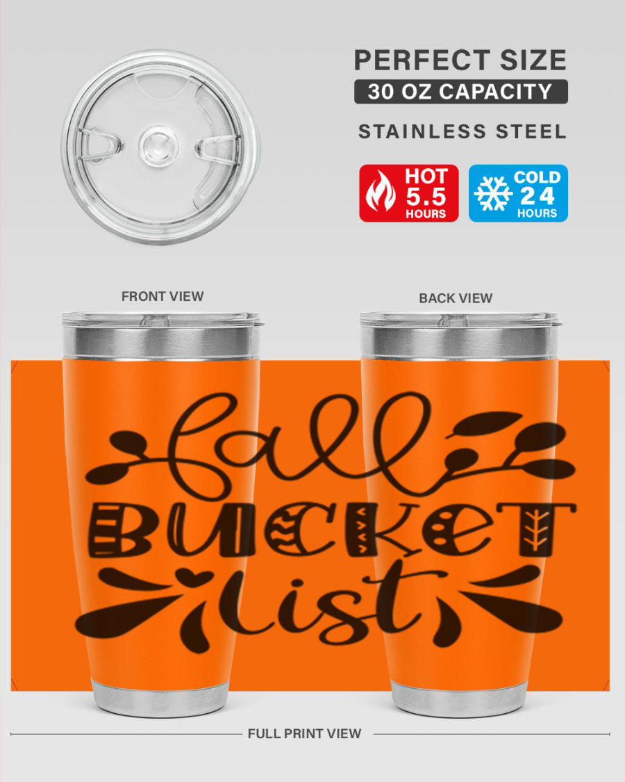 Fall Bucket List 20oz Tumbler made of stainless steel with a copper lining, featuring a drink-thru lid and a stylish autumn-themed design.
