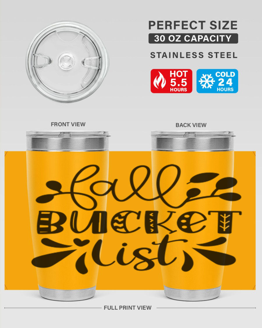 Fall Bucket List 20oz Tumbler made of stainless steel with a copper lining, featuring a drink-thru lid and a stylish autumn-themed design.