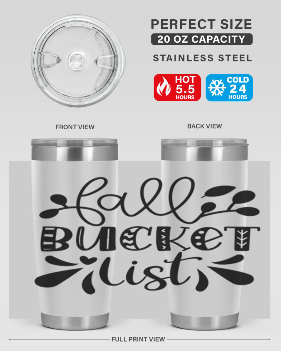 Fall Bucket List 20oz Tumbler made of stainless steel with a copper lining, featuring a drink-thru lid and a stylish autumn-themed design.
