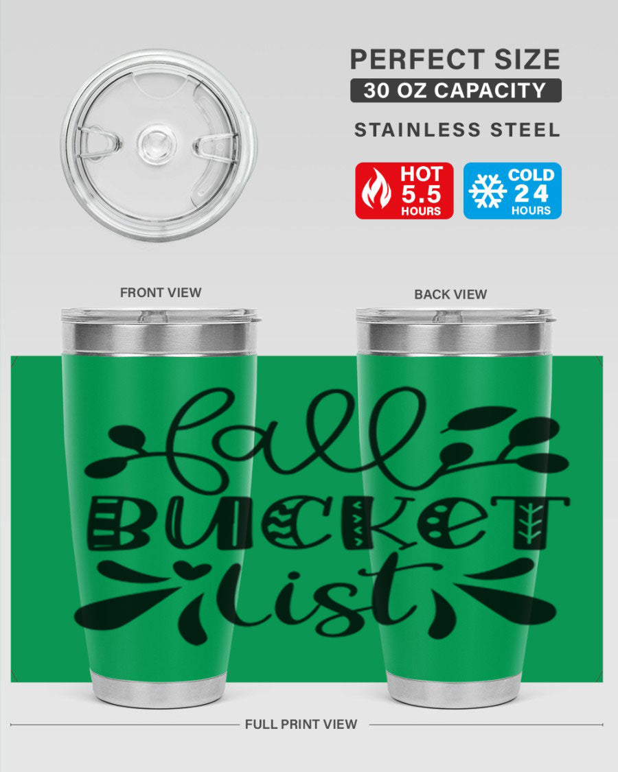 Fall Bucket List 20oz Tumbler made of stainless steel with a copper lining, featuring a drink-thru lid and a stylish autumn-themed design.