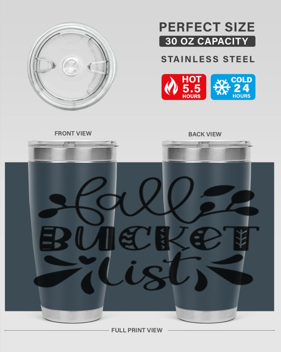 Fall Bucket List 20oz Tumbler made of stainless steel with a copper lining, featuring a drink-thru lid and a stylish autumn-themed design.