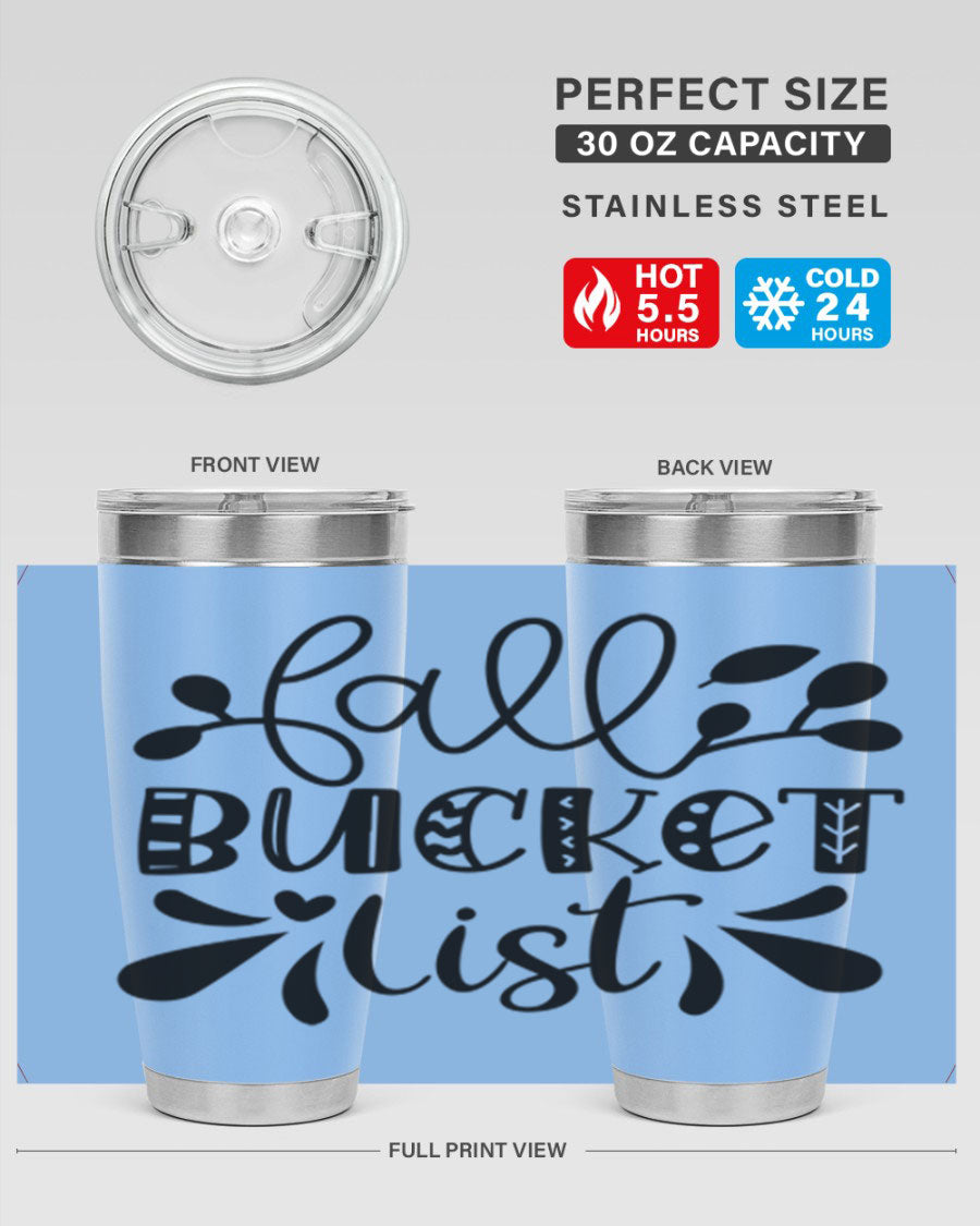 Fall Bucket List 20oz Tumbler made of stainless steel with a copper lining, featuring a drink-thru lid and a stylish autumn-themed design.