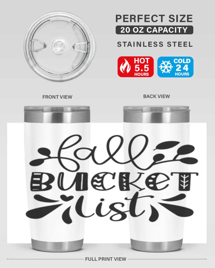 Fall Bucket List 20oz Tumbler made of stainless steel with a copper lining, featuring a drink-thru lid and a stylish autumn-themed design.