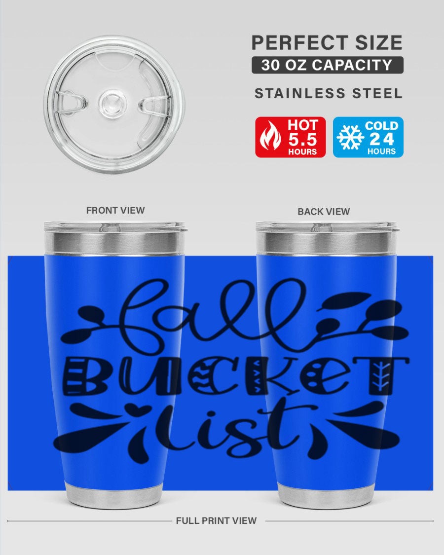 Fall Bucket List 20oz Tumbler made of stainless steel with a copper lining, featuring a drink-thru lid and a stylish autumn-themed design.