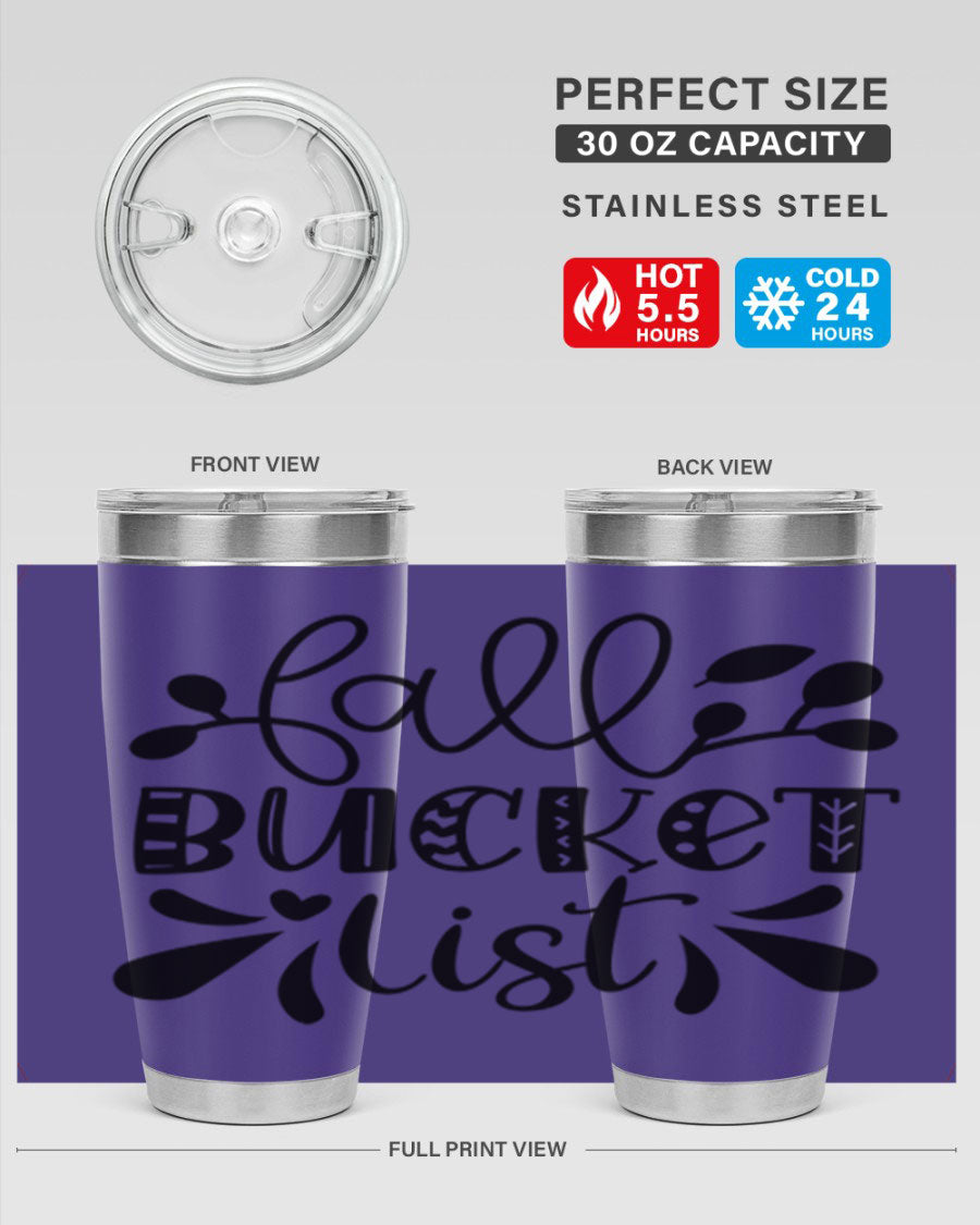Fall Bucket List 20oz Tumbler made of stainless steel with a copper lining, featuring a drink-thru lid and a stylish autumn-themed design.