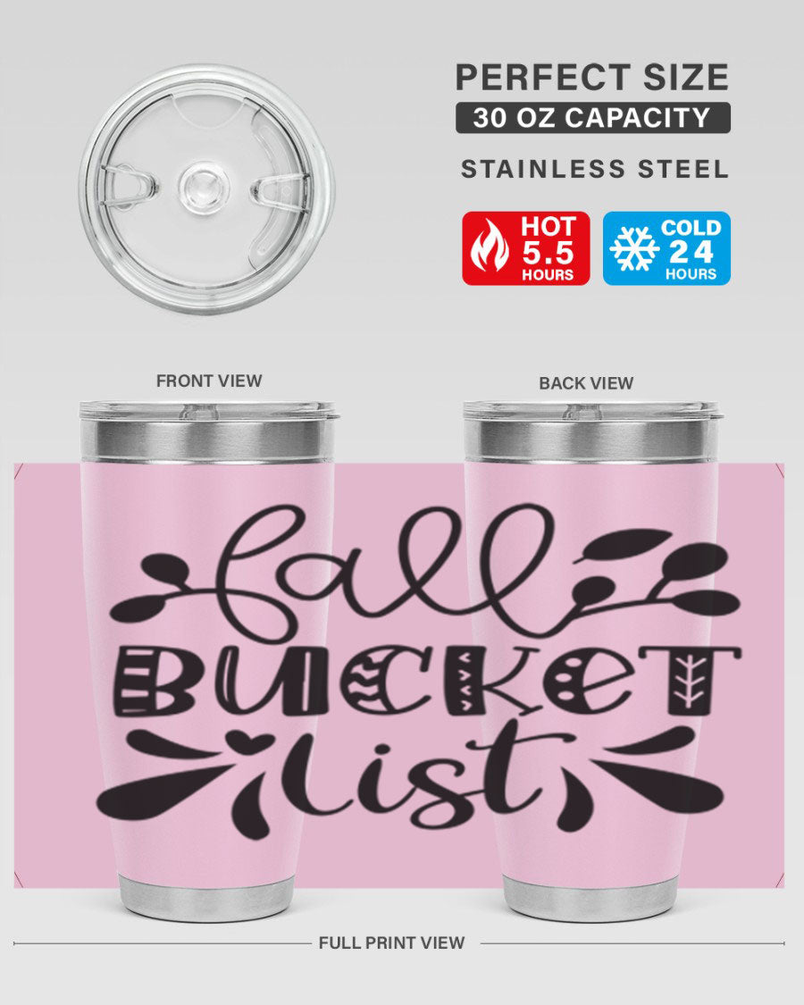 Fall Bucket List 20oz Tumbler made of stainless steel with a copper lining, featuring a drink-thru lid and a stylish autumn-themed design.