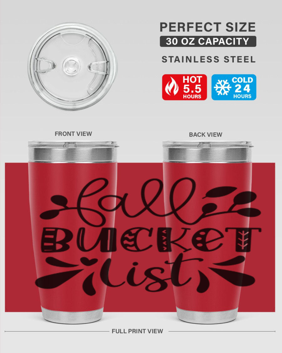 Fall Bucket List 20oz Tumbler made of stainless steel with a copper lining, featuring a drink-thru lid and a stylish autumn-themed design.