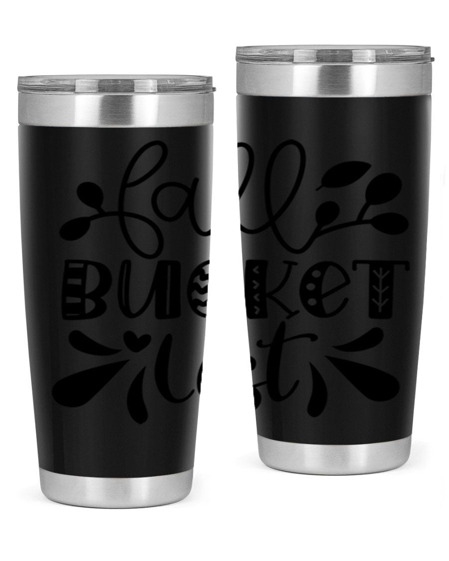 Fall Bucket List 20oz Tumbler made of stainless steel with a copper lining, featuring a drink-thru lid and a stylish autumn-themed design.