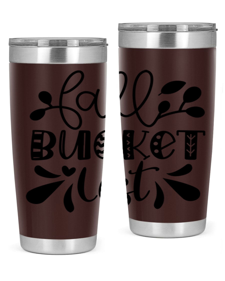 Fall Bucket List 20oz Tumbler made of stainless steel with a copper lining, featuring a drink-thru lid and a stylish autumn-themed design.